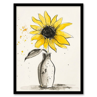 Artery8 Single Sunflower In Vase Yellow Grey Watercolour Wall Art PrintA4 Size from B&Q