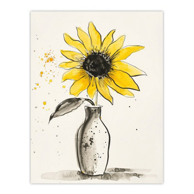 Artery8 Unframed Wall Art Single Sunflower In Vase Yellow Grey Watercolour12X16 Inch from B&Q