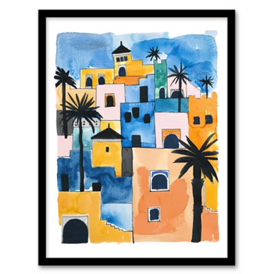 Artery8 Framed Wall Art Morocco African Cityscape Blue Orange Watercolour Print12X16 Inch from B&Q