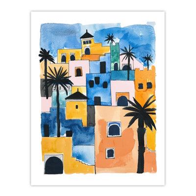 Artery8 Unframed Wall Art Morocco African Cityscape Blue Orange Watercolour12X16 Inch from B&Q