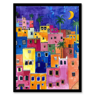 Artery8 Colourful Moroccan Cityscape At Night Watercolour Wall Art PrintA4 Size from B&Q