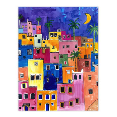 Artery8 Unframed Wall Art Colourful Moroccan Cityscape At Night Watercolour12X16 Inch from B&Q
