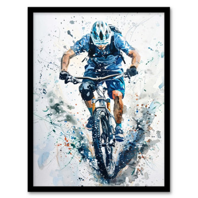 Artery8 Mountain Biker Action Shot Paint Splat Portrait Wall Art PrintA4 Size