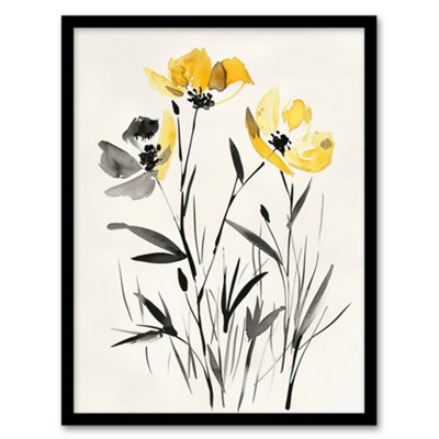 Artery8 Framed Wall Art Wildflower Blooms Black White Yellow Watercolour Print12X16 Inch from B&Q