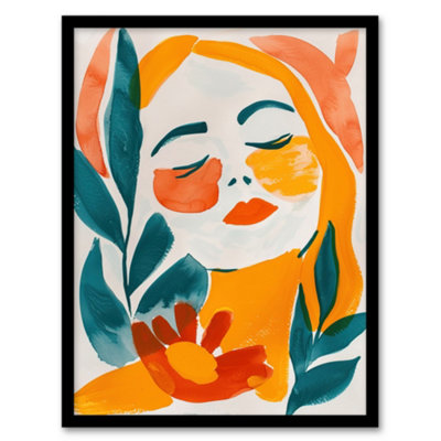 Artery8 Abstract Floral Female Portrait Orange Teal Boho Wall Art PrintA4 Size from B&Q