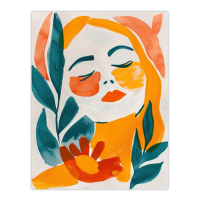 Artery8 Unframed Wall Art Abstract Floral Female Portrait Orange Teal Boho12X16 Inch from B&Q