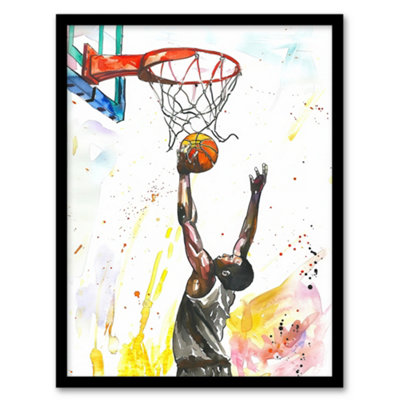Artery8 Framed Wall Art Basketball Player Jump Hoop Sport Watercolour Print12X16 Inch from B&Q