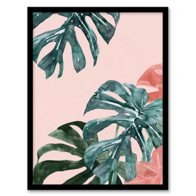 Artery8 Plant Lover Pink Teal Monstera Leaves Watercolour Wall Art PrintA4 Size from B&Q