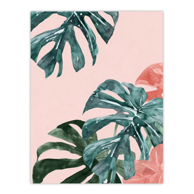 Artery8 Unframed Wall Art Plant Lover Pink Teal Monstera Leaves Watercolour12X16 Inch from B&Q