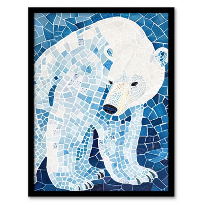 Artery8 Polar Bear Blue White Mosaic Pattern Folk Art Wall Art PrintA4 Size from B&Q