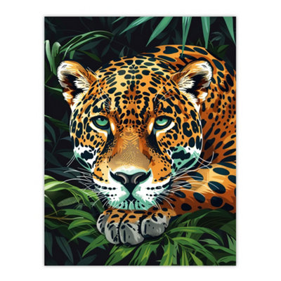 B&Q -  Unframed Wall Art Resting Jaguar In Lush Jungle Animal Portrait12X16 Inch