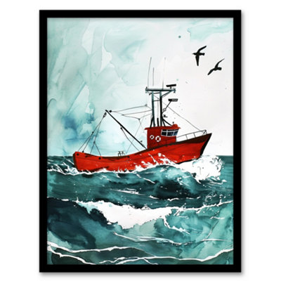 Artery8 Framed Wall Art Red Fishing Boat At Sea Nautical Watercolour Print12X16 Inch from B&Q