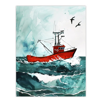 Artery8 Unframed Wall Art Red Fishing Boat At Sea Nautical Watercolour12X16 Inch from B&Q