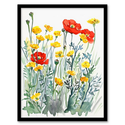 Artery8 Framed Wall Art Red Poppies And Yellow Marigolds Wildflower Field Print12X16 Inch from B&Q