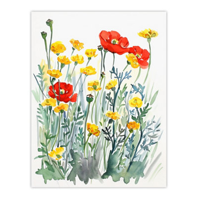 Artery8 Unframed Wall Art Red Poppies And Yellow Marigolds Wildflower Field12X16 Inch from B&Q