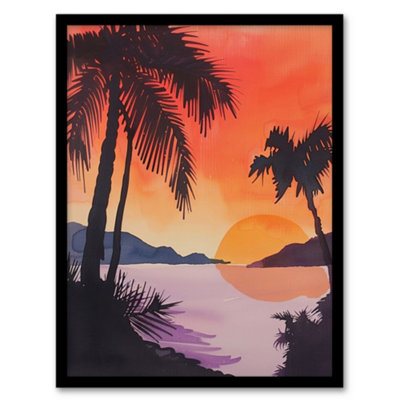 Artery8 Framed Wall Art Hawaii Sunset Beach Cove Palm Trees Watercolour Print12X16 Inch from B&Q