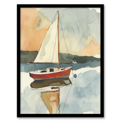 Artery8 Framed Wall Art Red Sailboat In Tranquil Sea Harbour Watercolour Print12X16 Inch from B&Q