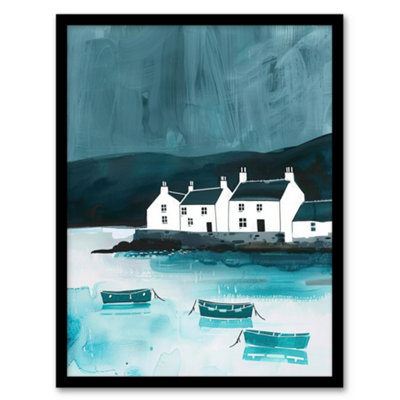 Artery8 Scottish Seascape White Coastal Cottages Boats Wall Art PrintA4 Size from B&Q