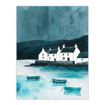 Artery8 Unframed Wall Art Scottish Seascape White Coastal Cottages Boats12X16 Inch from B&Q