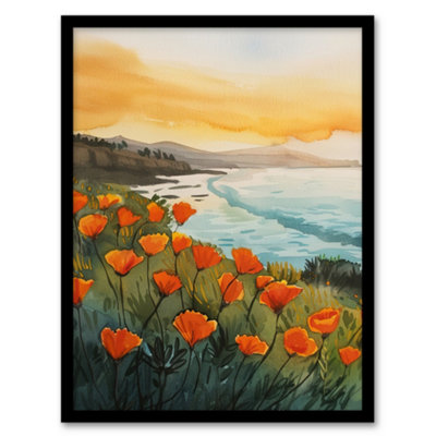 Artery8 Shoreline California Poppies Floral Watercolour Wall Art PrintA4 Size from B&Q