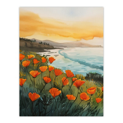 Artery8 Unframed Wall Art Shoreline California Poppies Floral Watercolour12X16 Inch from B&Q