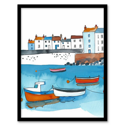Artery8 Framed Wall Art St Ives Bay Boats Coastal Cityscape Watercolour Print12X16 Inch from B&Q