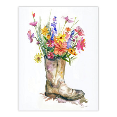 Artery8 Unframed Wall Art Colourful Wildflower Bouquet In Army Boot Vase12X16 Inch from B&Q