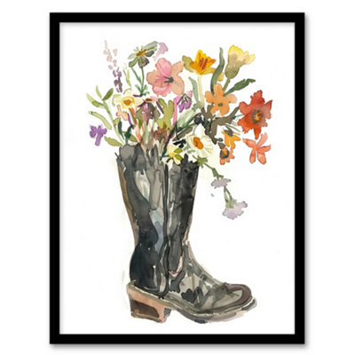 Artery8 Framed Wall Art Wildflower Bouquet Heeled Army Boot Watercolour Print12X16 Inch from B&Q