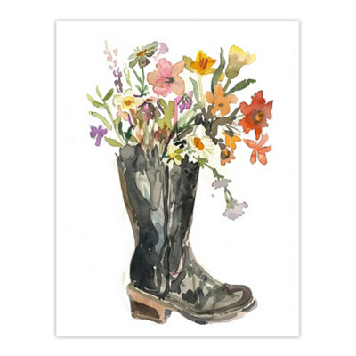 Artery8 Unframed Wall Art Wildflower Bouquet Heeled Army Boot Watercolour12X16 Inch from B&Q