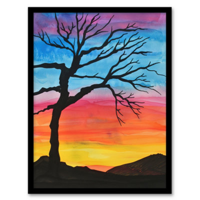 Artery8 Tree Silhouette Against Rainbow Sky Watercolour Wall Art PrintA4 Size from B&Q