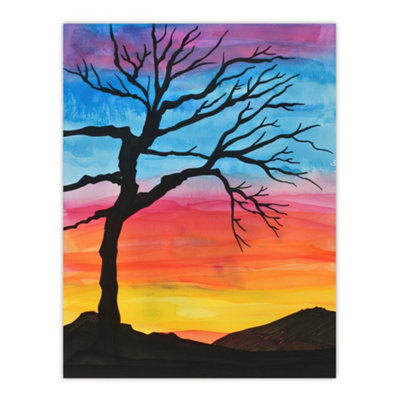 B&Q -  Unframed Wall Art Tree Silhouette Against Rainbow Sky Watercolour12X16 Inch