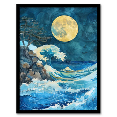 Artery8 Framed Wall Art Great Wave Seascape Under A Full Moon Watercolour Print12X16 Inch from B&Q