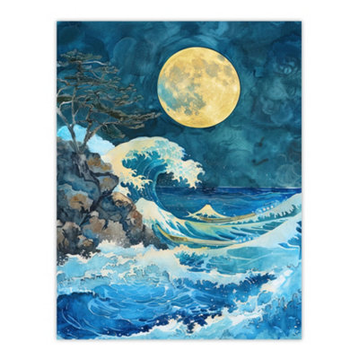Artery8 Unframed Wall Art Great Wave Seascape Under A Full Moon Watercolour12X16 Inch from B&Q