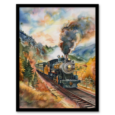 Artery8 Framed Wall Art Locomotive Train Passing Through Autumn Forest Print12X16 Inch from B&Q