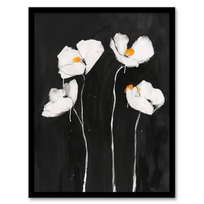 Artery8 White Poppy Flowers On Black Bold Floral Painting Wall Art PrintA4 Size from B&Q