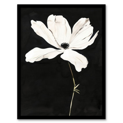 B&Q -  White Flower Bloom Black Background Watercolour Wall Art PrintA4 Size