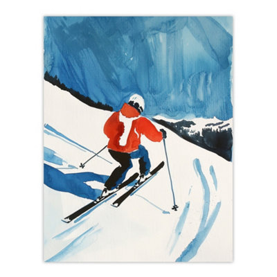 B&Q -  Unframed Wall Art Austria Skier Skiing Winter Sport Ski Watercolour12X16 Inch