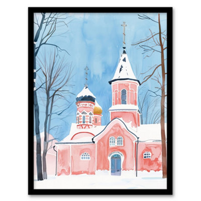 B&Q -  Pink Orthodox Church Ukraine Soft Watercolour Wall Art PrintA4 Size