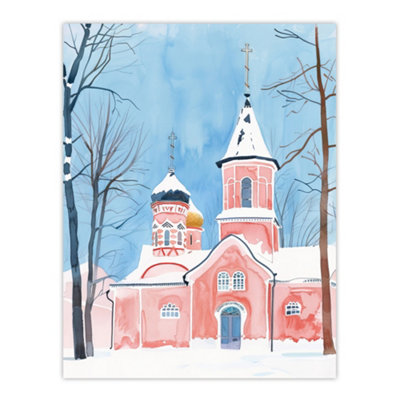 B&Q -  Unframed Wall Art Pink Orthodox Church Ukraine Soft Watercolour12X16 Inch