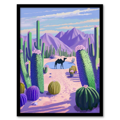 Artery8 Framed Wall Art Desert Oasis Cacti Camel Purple Green Landscape Print12X16 Inch from B&Q