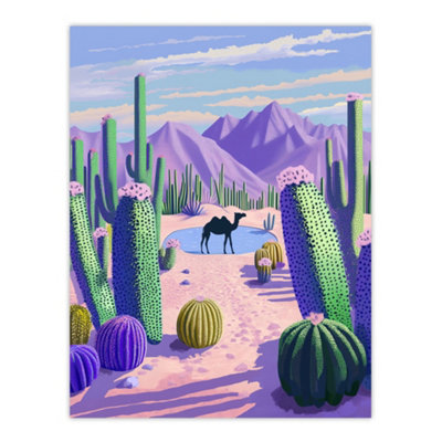 Artery8 Unframed Wall Art Desert Oasis Cacti Camel Purple Green Landscape12X16 Inch from B&Q