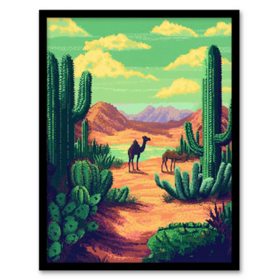 Artery8 Framed Wall Art Camels In Desert Cacti Oasis Pixel Art Landscape Print12X16 Inch from B&Q