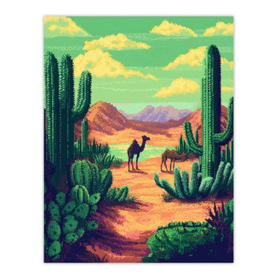 Artery8 Unframed Wall Art Camels In Desert Cacti Oasis Pixel Art Landscape12X16 Inch from B&Q