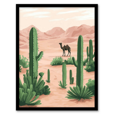 B&Q -  Framed Wall Art Camel In Pastel Pink Desert Sand Dunes And Cacti Print12X16 Inch