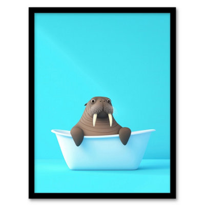 Artery8 Framed Wall Art Cute Cartoon Walrus In Bathtub Bath Time Vibrant Print12X16 Inch from B&Q