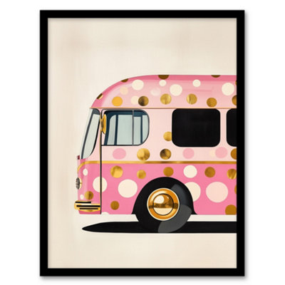 Artery8 Pink Glamour Party Bus Gold Polka Dot Modern Wall Art PrintA4 Size from B&Q