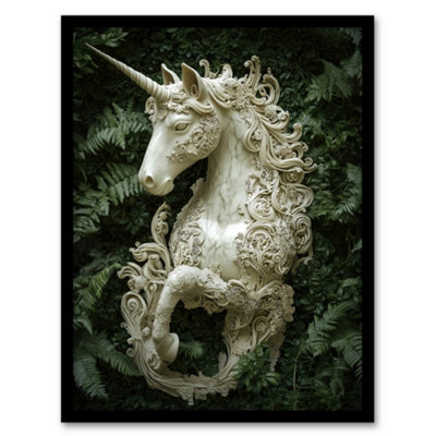Artery8 Framed Wall Art Filigree Marble Unicorn Statue Fern Frond Leaves Print12X16 Inch