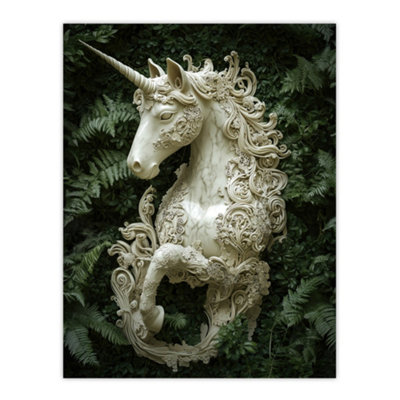 Artery8 Unframed Wall Art Filigree Marble Unicorn Statue Fern Frond Leaves12X16 Inch