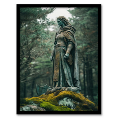 B&Q -  Framed Wall Art Viking Shield Maiden Warrior Statue In Forest Print12X16 Inch
