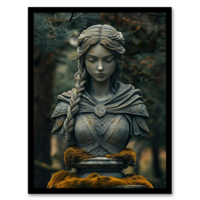 B&Q -  Framed Wall Art Norse Shield Maiden Warrior Bust Statue In Forest Print12X16 Inch